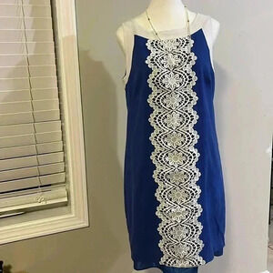 [12]Eliza.J Blue Sleeveless Linen  Dress with Embroidered Lace Detailing
